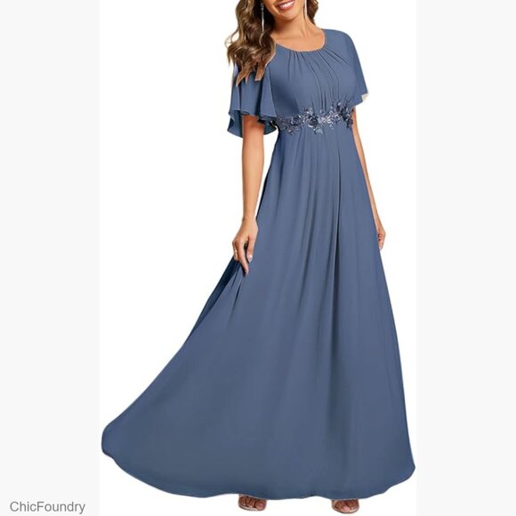 Dresses & Skirts - Floor Length Formal Dress with Chiffon Fabric and Floral Appliques